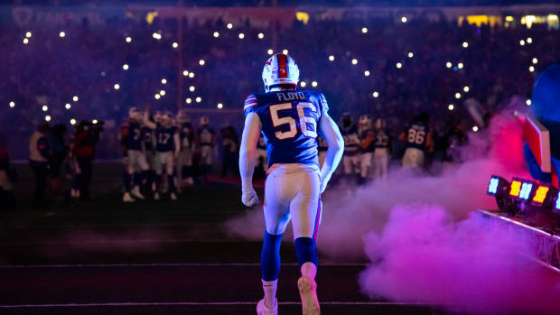 Jan 21, 2024; Orchard Park, New York, USA; Buffalo Bills defensive end Leonard Floyd (56) against the Kansas City Chiefs in the 2024 AFC divisional round game at Highmark Stadium. Mandatory Credit: Mark J. Rebilas-USA TODAY Sports  
